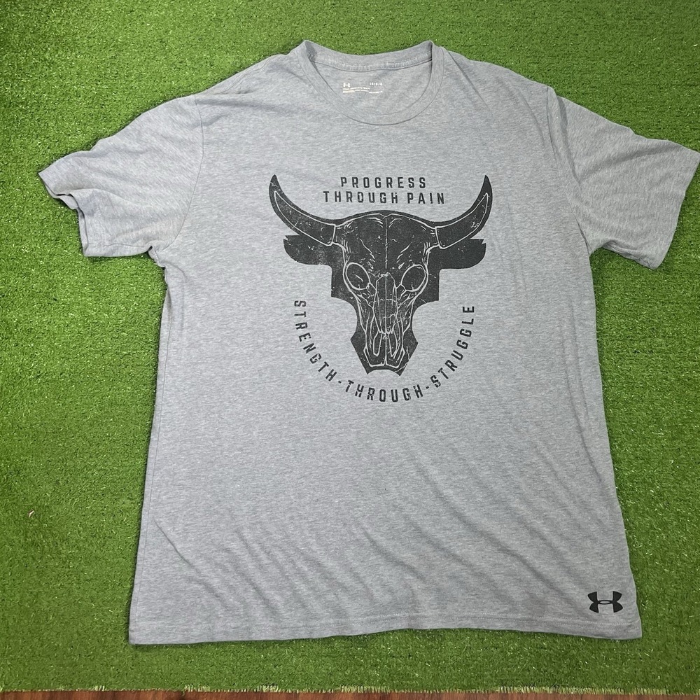 Under Armour Project Rock Shirt LG Gray Brahma Bull Skull Training Tee UA